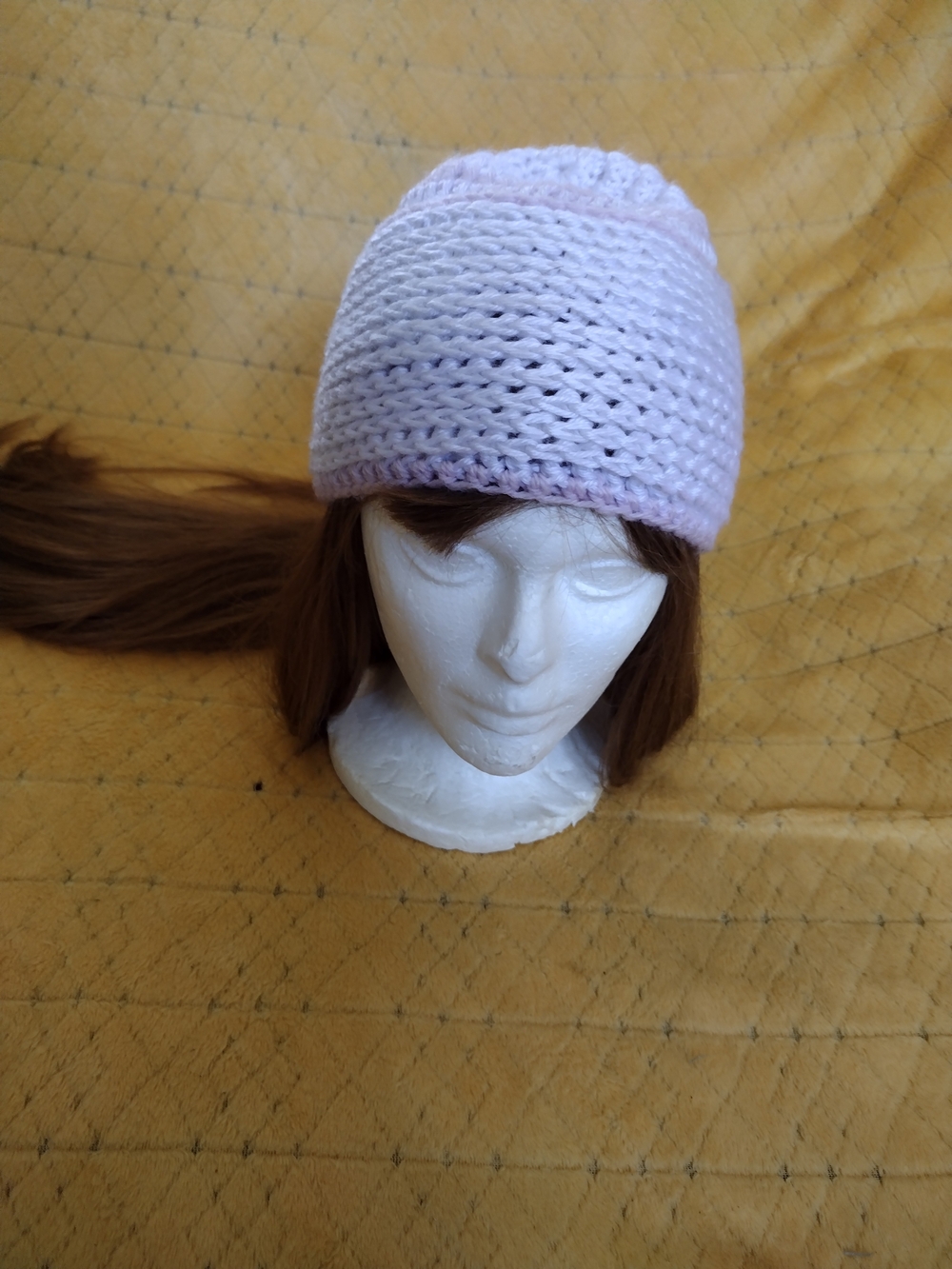 Handmade White/Pink Crochet Beanie Hat - Adult Size